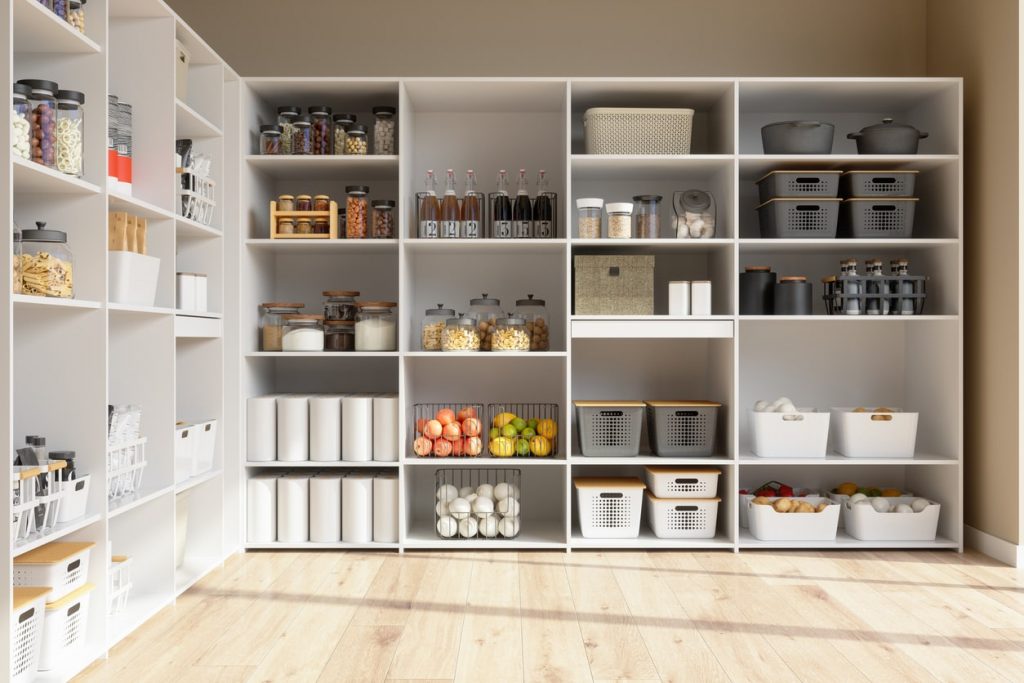fully stocked pantry that uses clever storage options